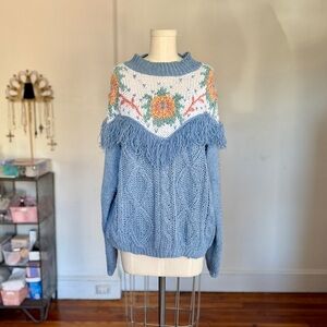 Vintage Needles & Yarn fringe floral yolk western pastel sweater Large